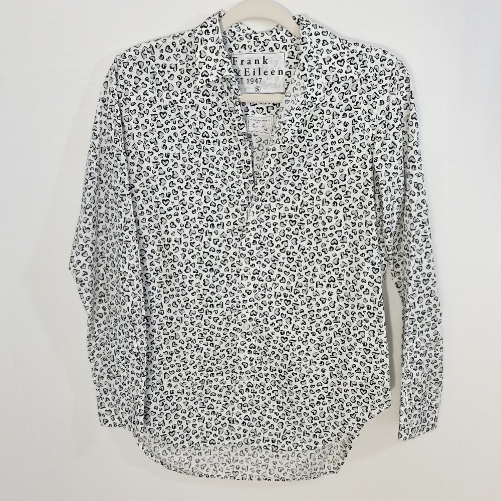 Frank & Eileen Frank Woven Button Up Novelty Heart Print Black Grey White Size S